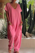 V Neck Short Sleeve Dropped Crotch Casual Jumpsuit