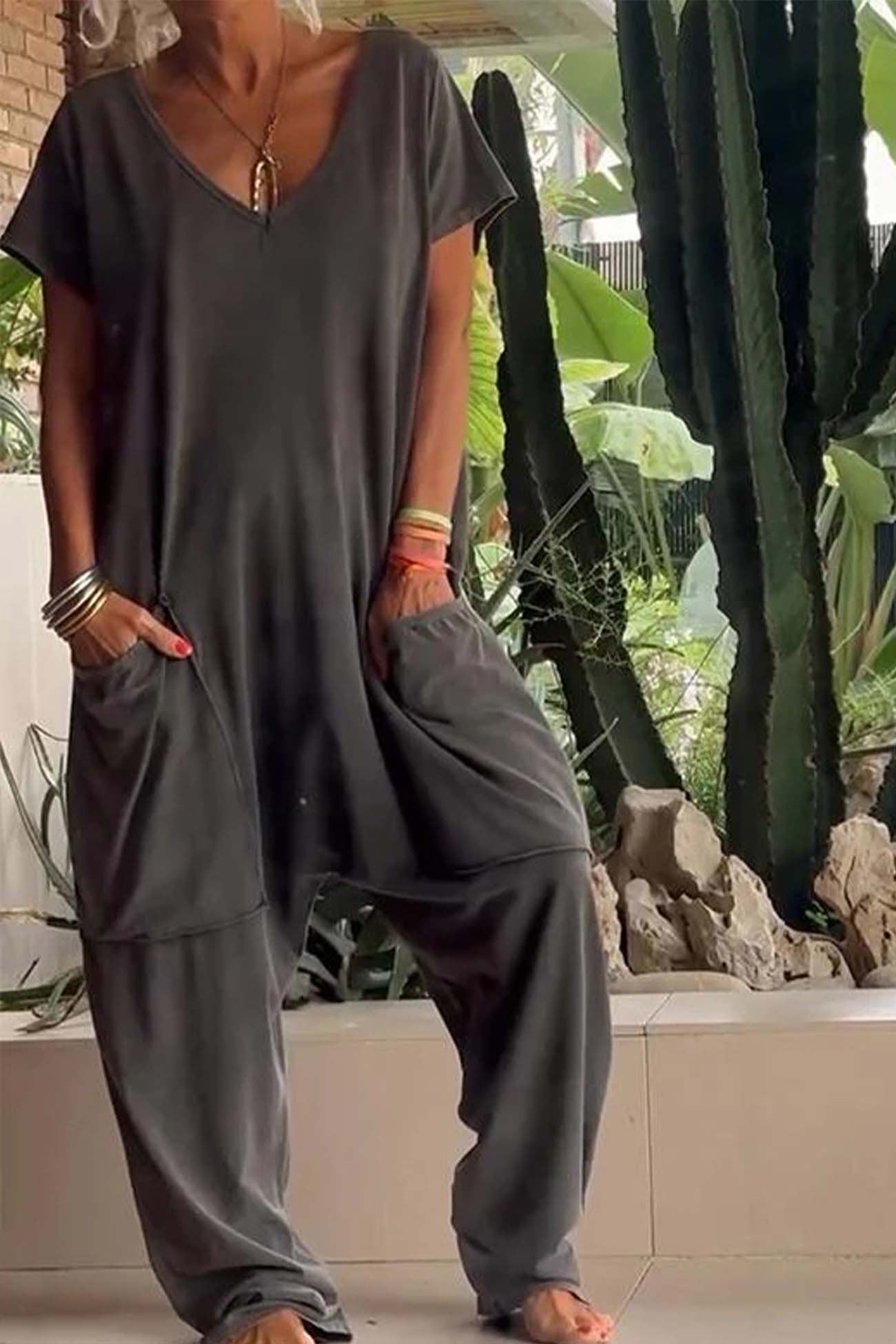 V Neck Short Sleeve Dropped Crotch Casual Jumpsuit