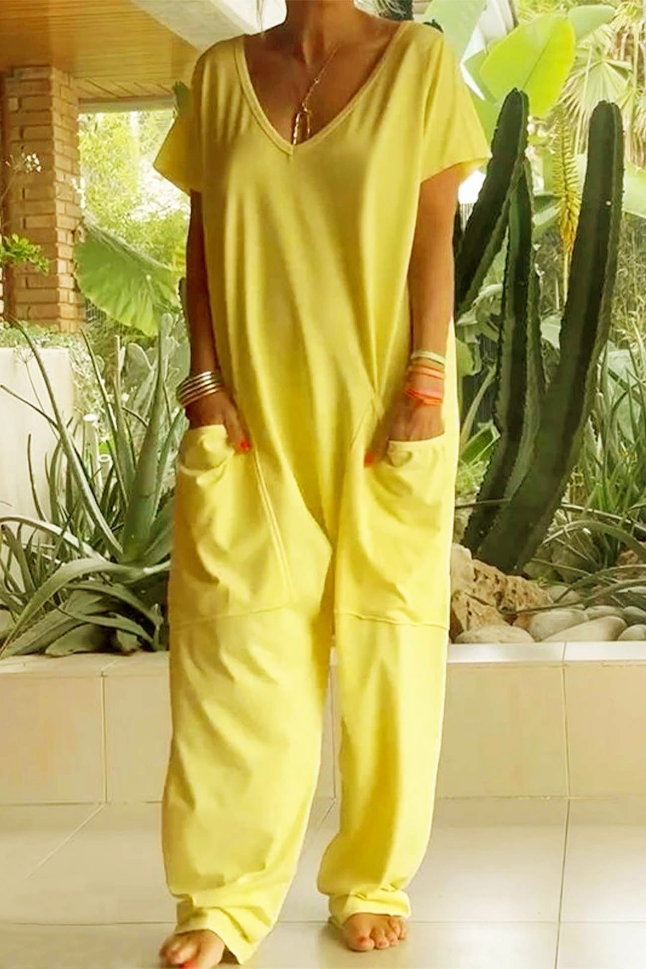 V Neck Short Sleeve Dropped Crotch Casual Jumpsuit
