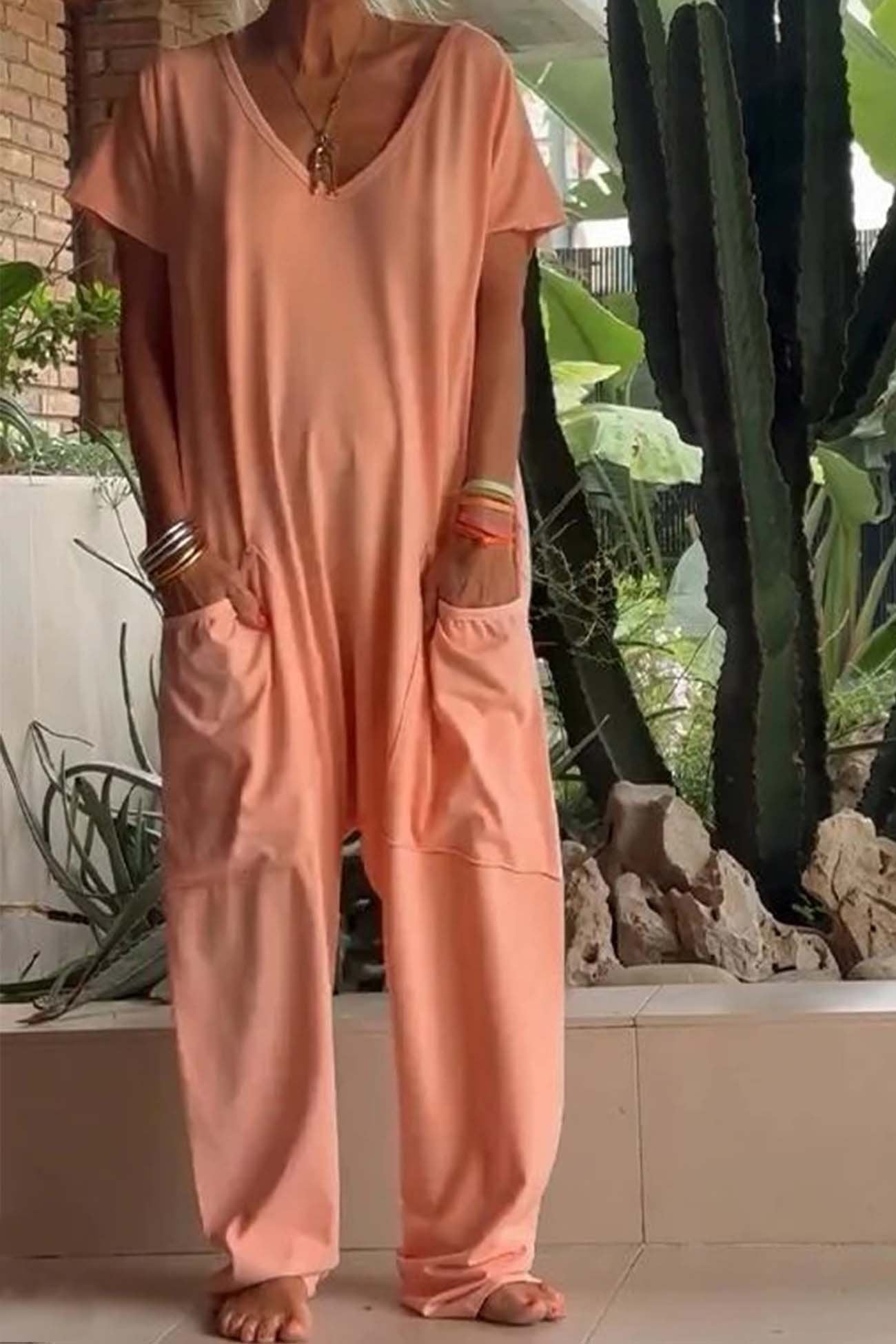 V Neck Short Sleeve Dropped Crotch Casual Jumpsuit