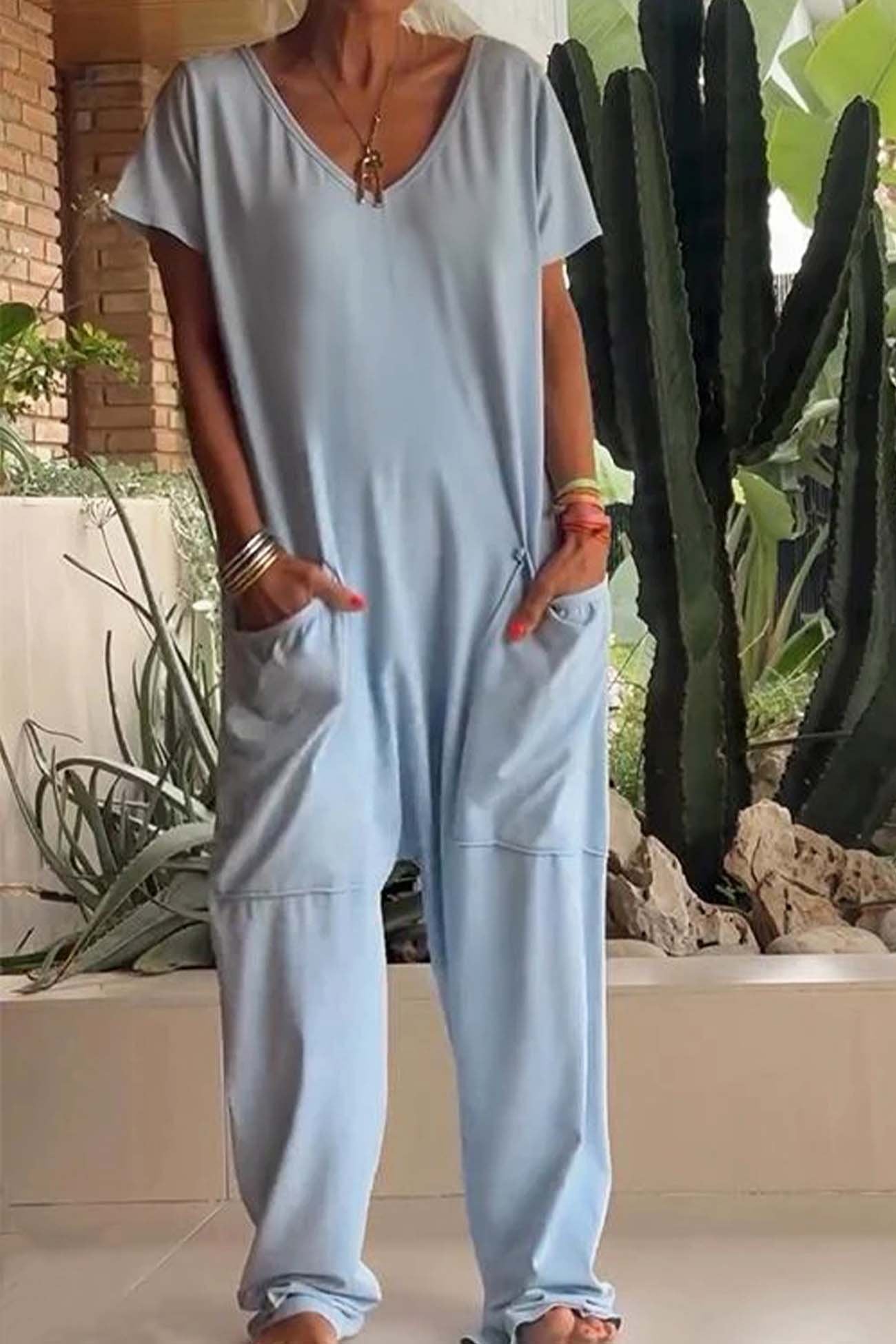 V Neck Short Sleeve Dropped Crotch Casual Jumpsuit