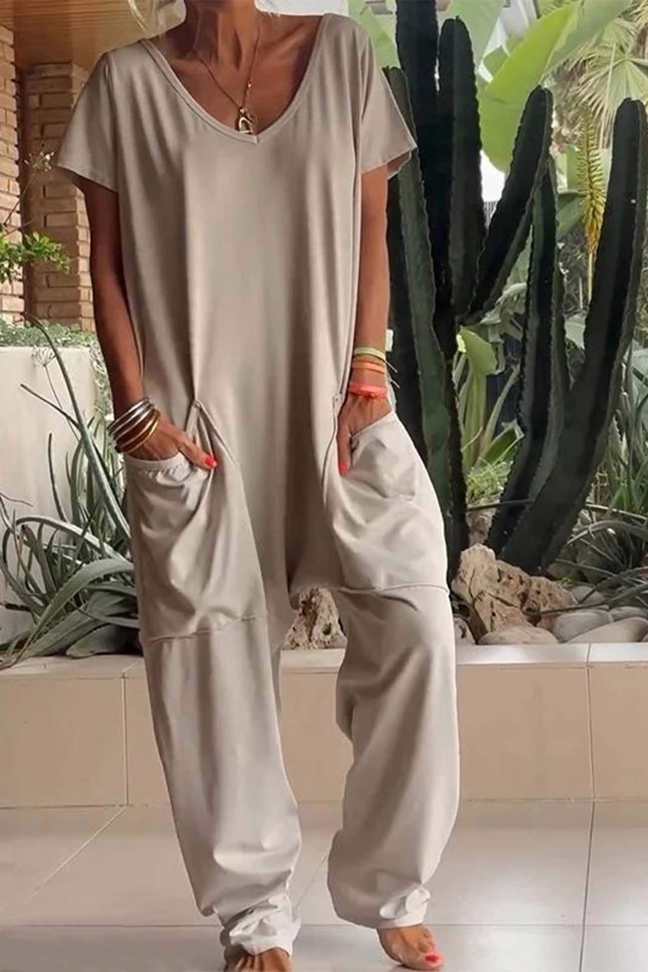 V Neck Short Sleeve Dropped Crotch Casual Jumpsuit