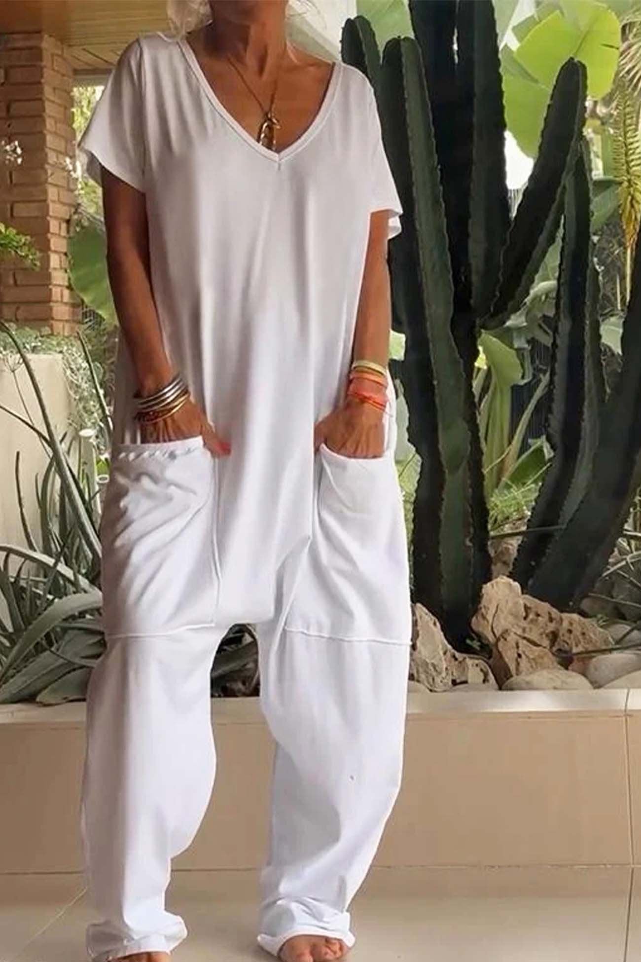 V Neck Short Sleeve Dropped Crotch Casual Jumpsuit