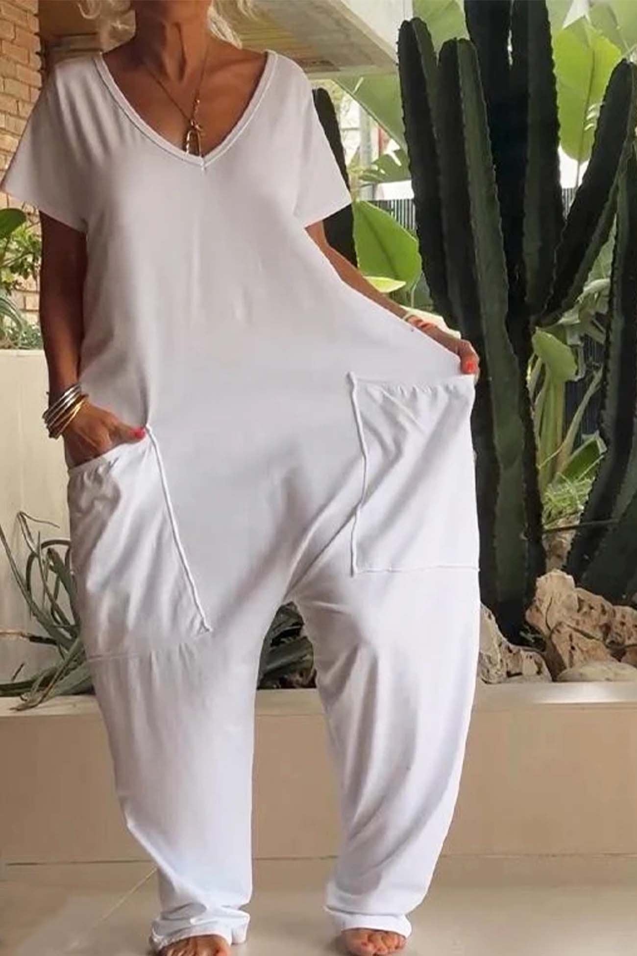 V Neck Short Sleeve Dropped Crotch Casual Jumpsuit