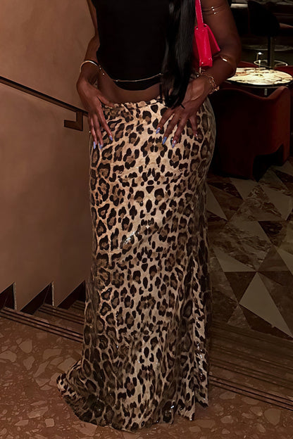 Leopard Sequin Double Layer Stretch Skirt