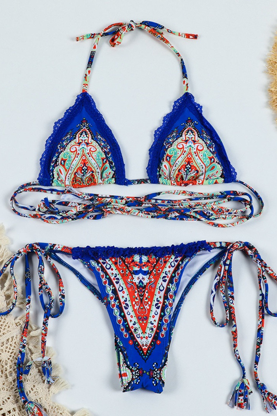 Printed Tie Up Lace Up Two Piece Swim Set