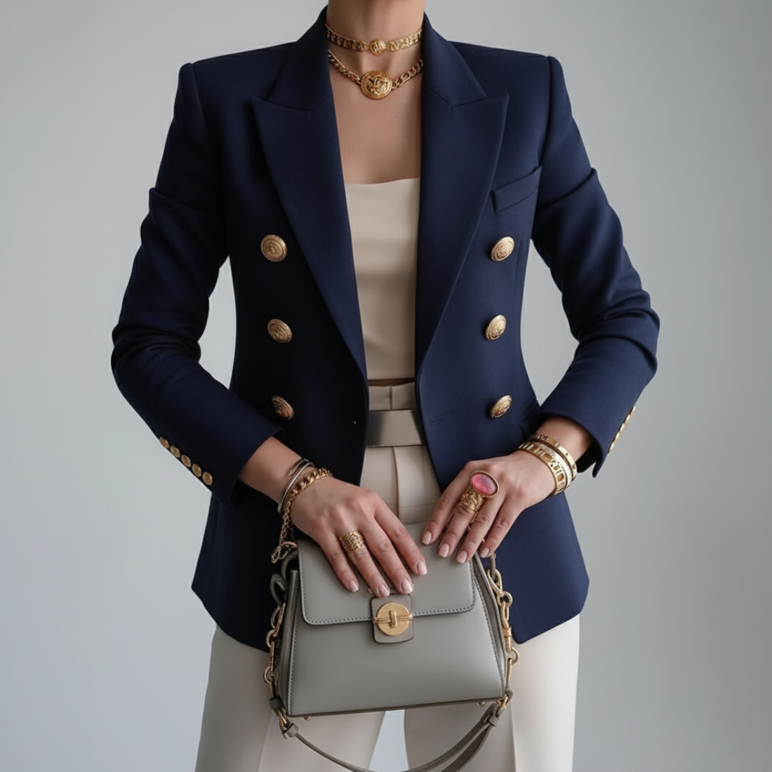 Double Breasted Gold Button Tailored Blazer