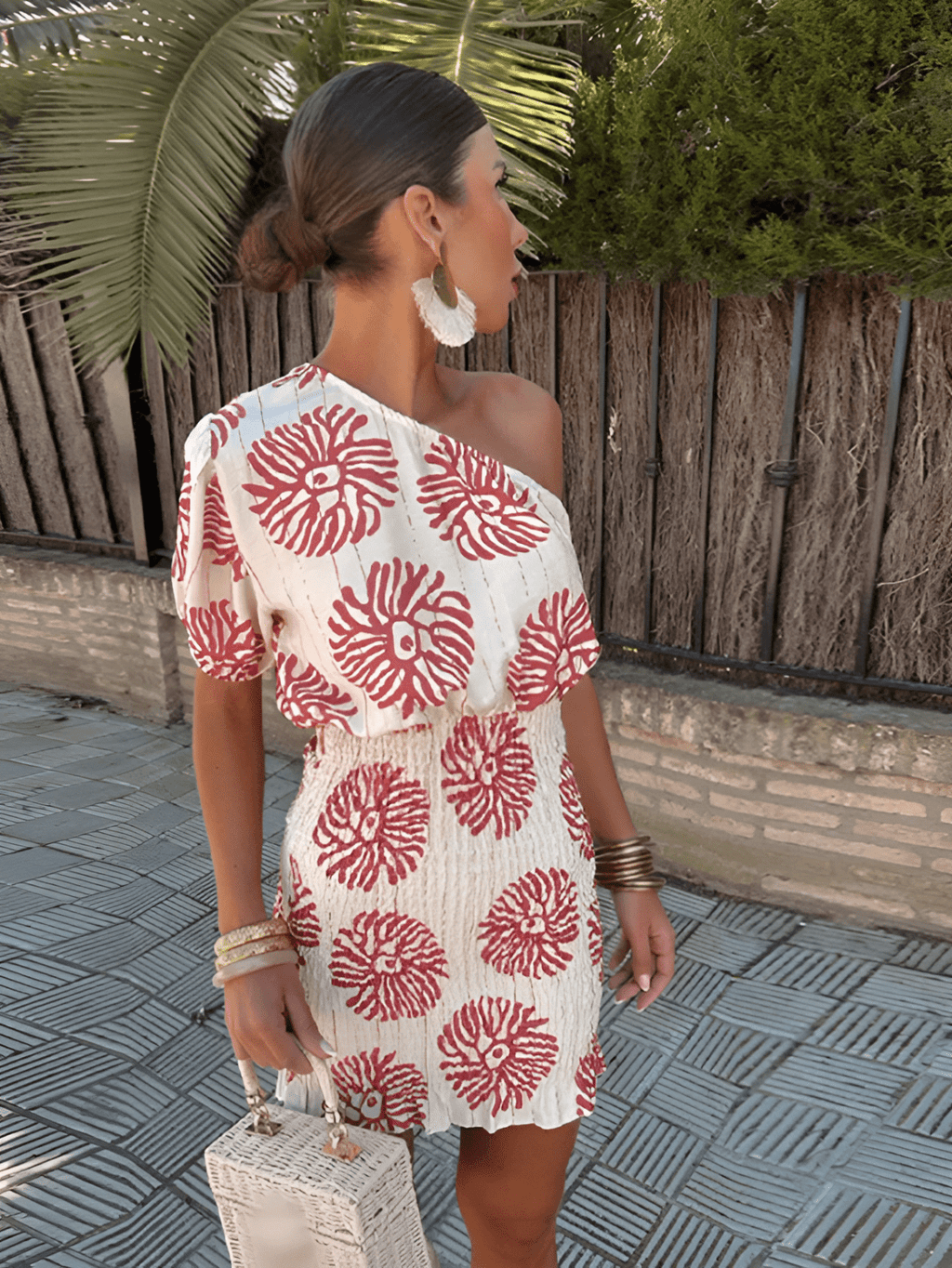 Printed One Shoulder Smocked Waist Boho Summer Mini Dress