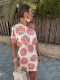Printed One Shoulder Smocked Waist Boho Summer Mini Dress