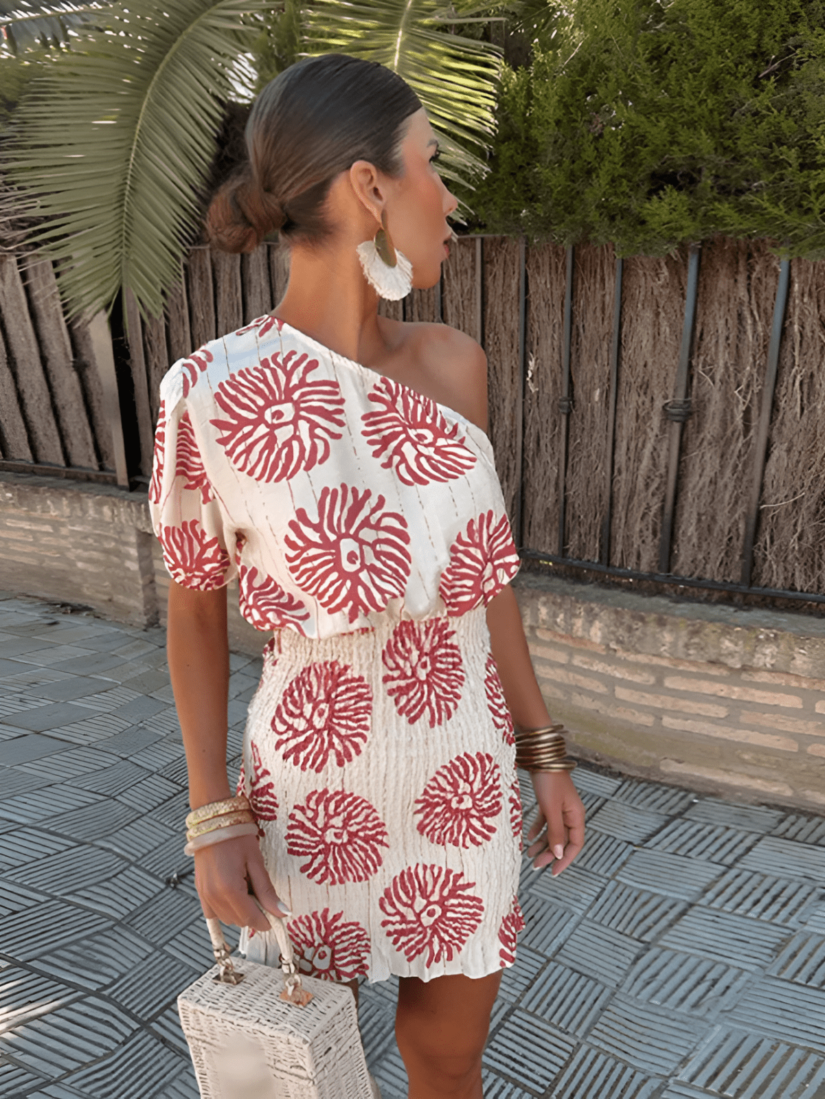 Printed One Shoulder Smocked Waist Boho Summer Mini Dress