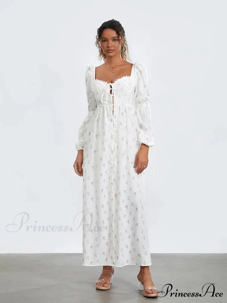 Charming Flower Pattern Puffed Sleeve Tall Split Flower Dress
