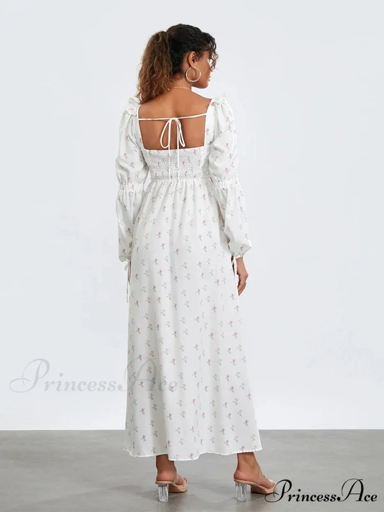 Charming Flower Pattern Puffed Sleeve Tall Split Flower Dress