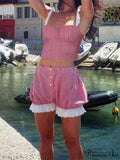 Checkered Pattern Lace Edging Sleeveless Camisole Crop Top with Relaxed Loose Shorts Set