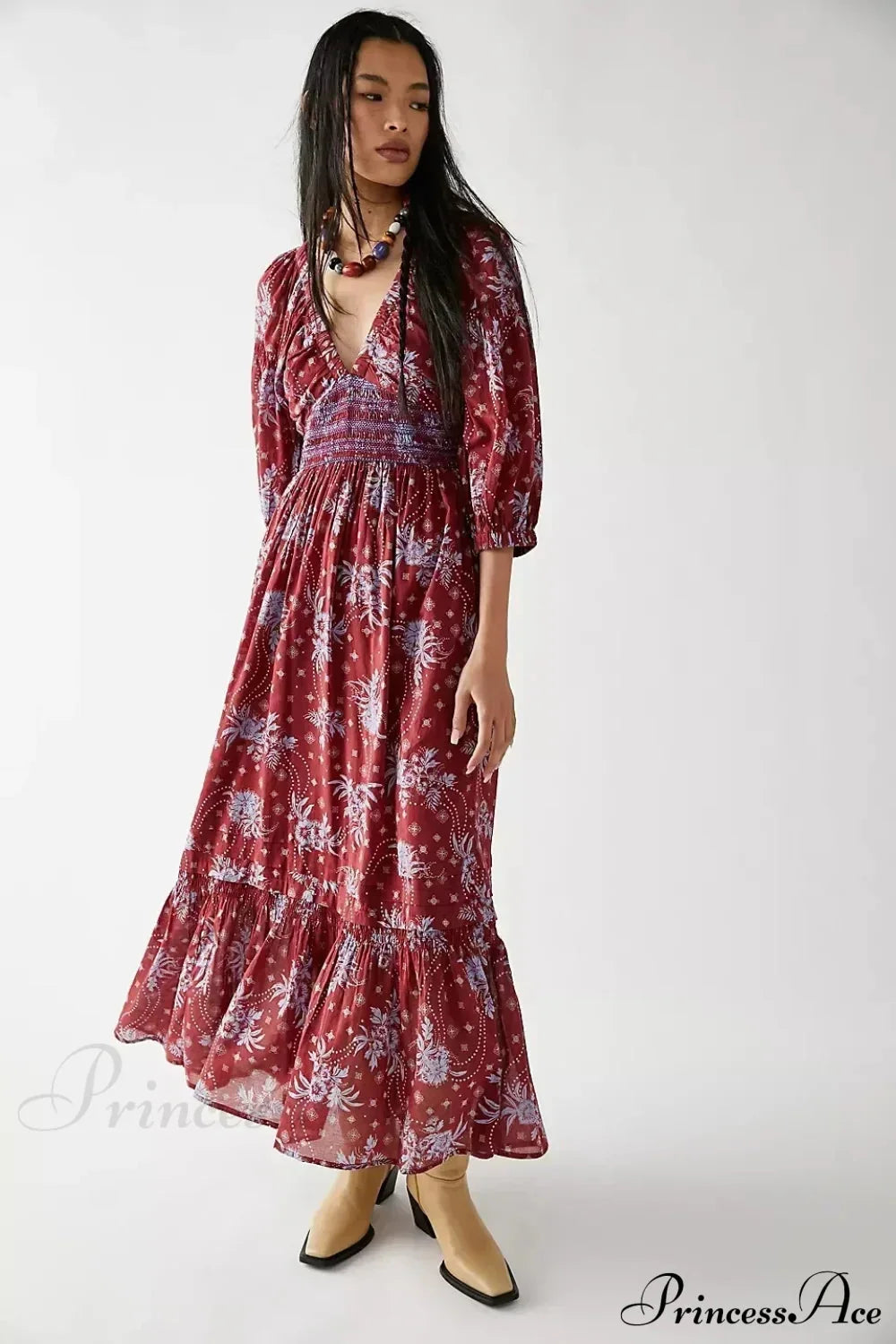 Chiffon Long Sleeve Holiday Floral Boho Dress