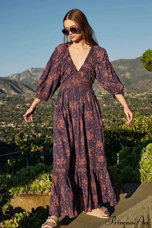 Chiffon Long Sleeve Holiday Floral Boho Dress