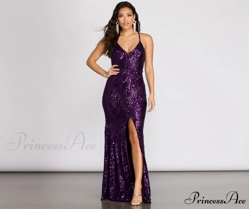 Woman wearing Purple Sequin Mermaid Prom Gown from Hicosy — view 3