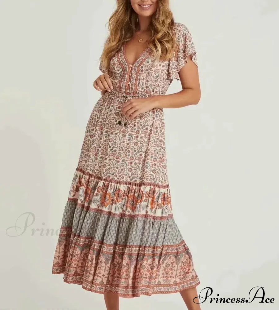 Cinch Waist Midi Dress Retro Floral Cotton Informal Summer Dress