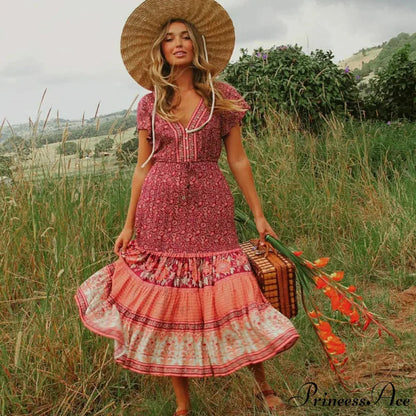 Cinch Waist Midi Dress Retro Floral Cotton Informal Summer Dress