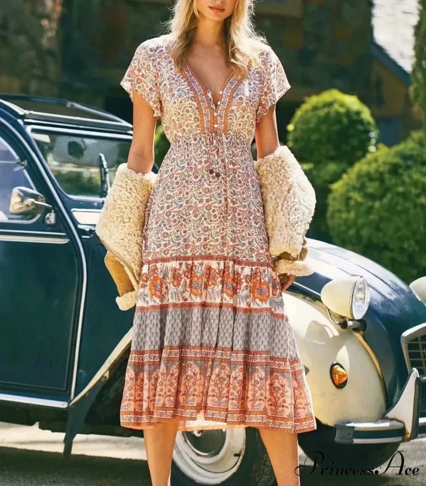 Cinch Waist Midi Dress Retro Floral Cotton Informal Summer Dress