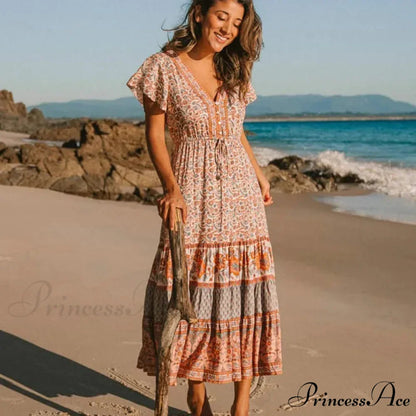 Cinch Waist Midi Dress Retro Floral Cotton Informal Summer Dress
