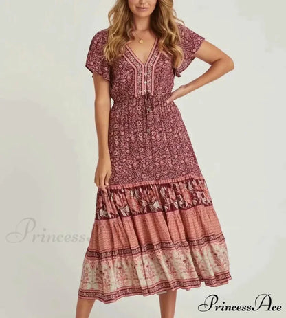 Cinch Waist Midi Dress Retro Floral Cotton Informal Summer Dress