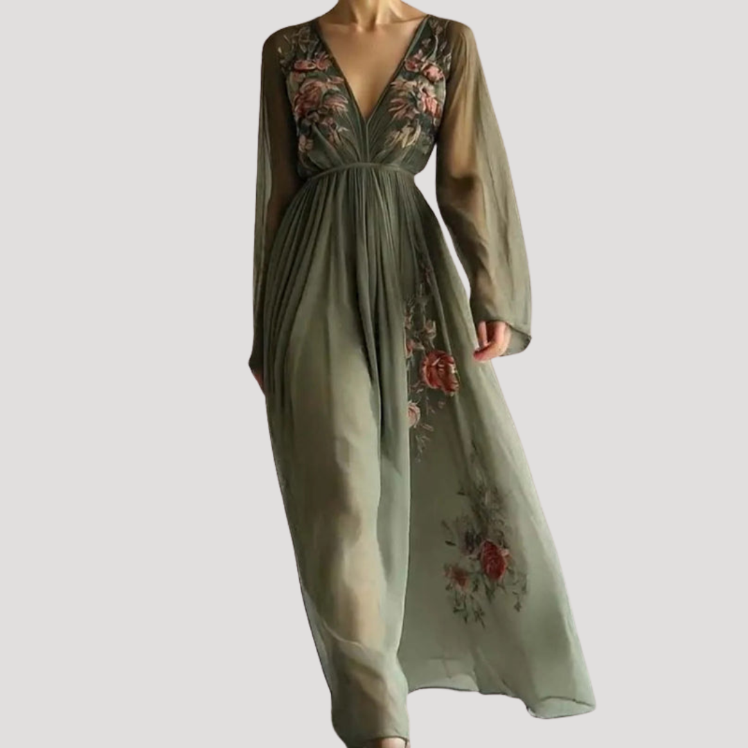 Floral Embroidered V Neck Long Sleeve Flowy Maxi Dress