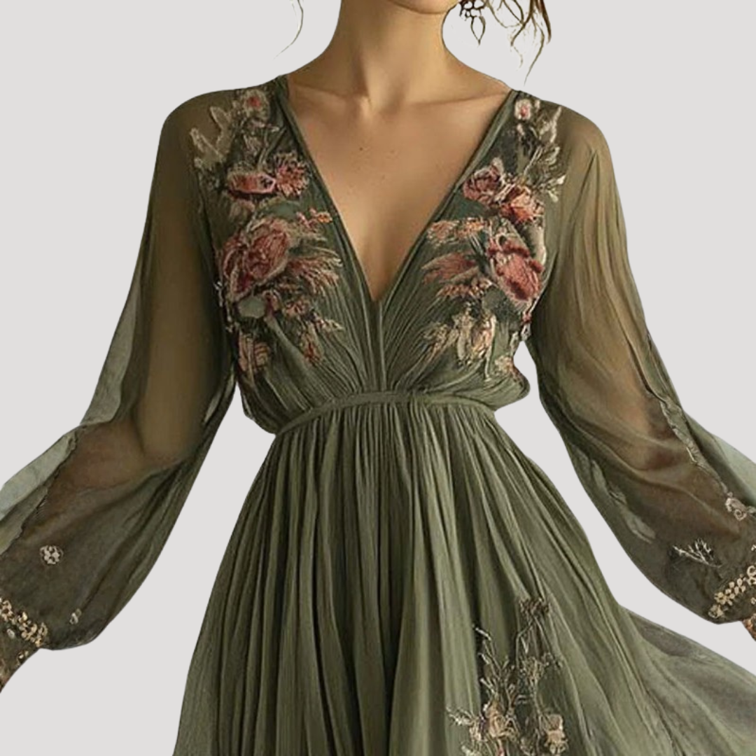 Floral Embroidered V Neck Long Sleeve Flowy Maxi Dress