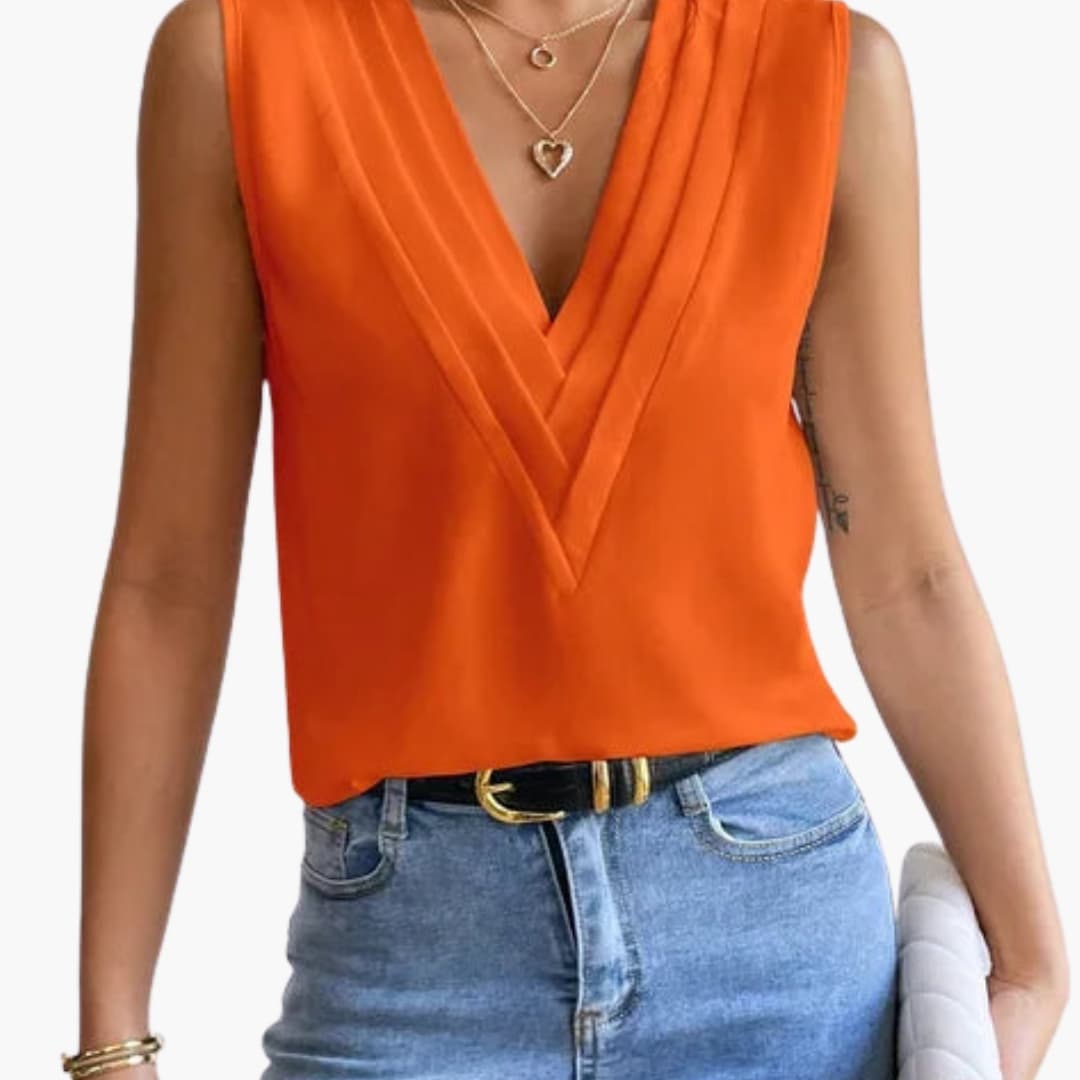 Pleated Wrap V Neck Sleeveless Blouse