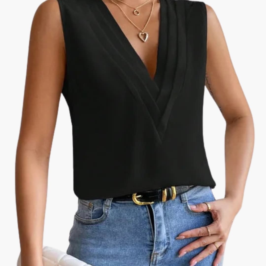 Pleated Wrap V Neck Sleeveless Blouse