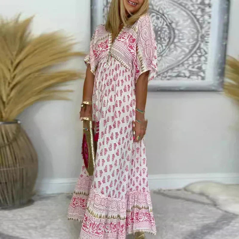 Paisley Print V Neck Ruffle Hem Flowy Boho Maxi Dress