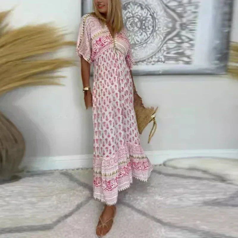 Paisley Print V Neck Ruffle Hem Flowy Boho Maxi Dress