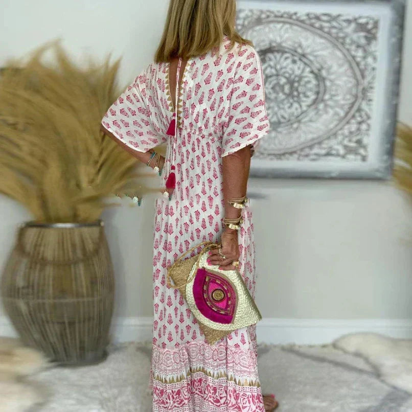 Paisley Print V Neck Ruffle Hem Flowy Boho Maxi Dress