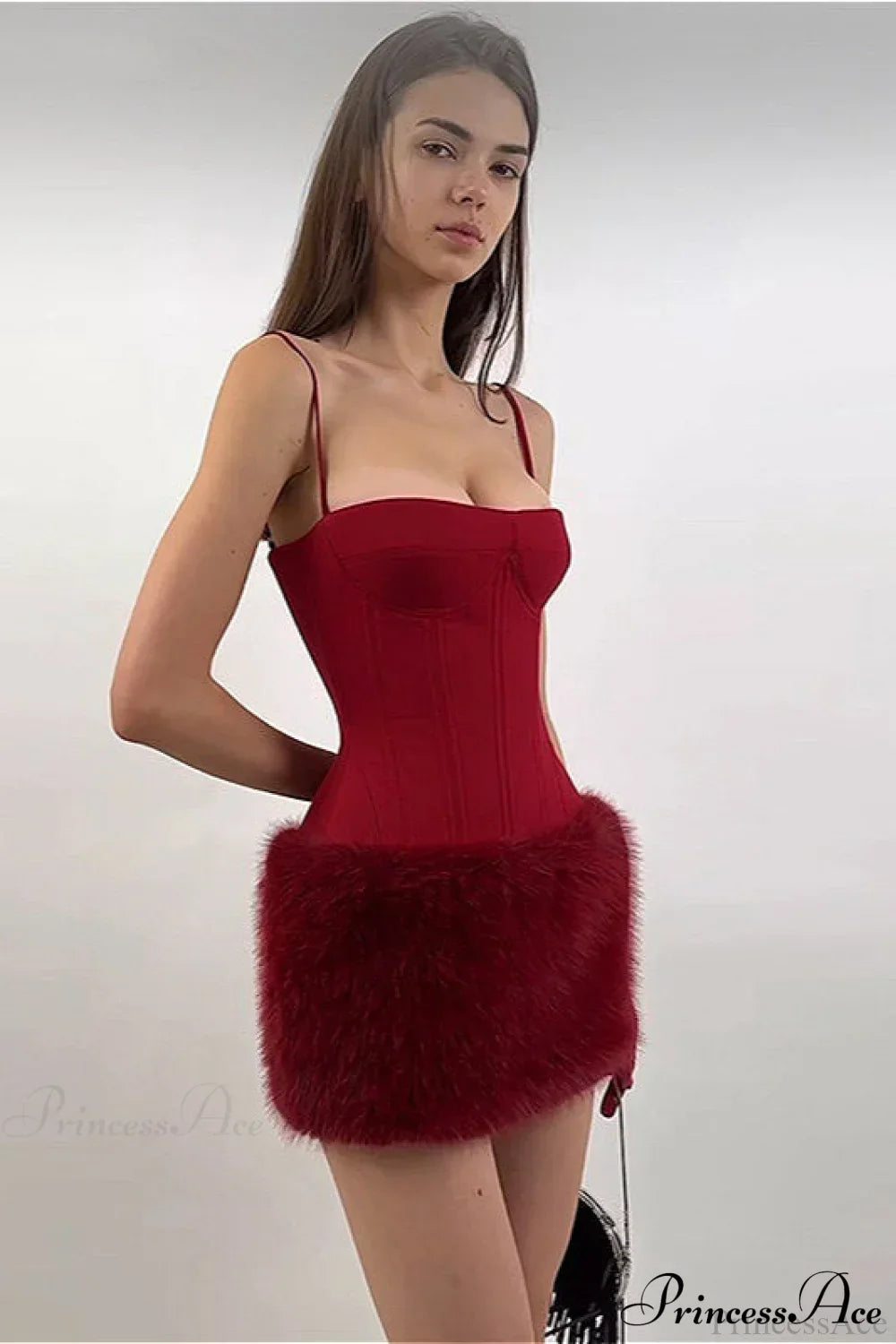 Woman wearing Faux-Fur Strap Colorblock Corset Dress from Hicosy — view 3