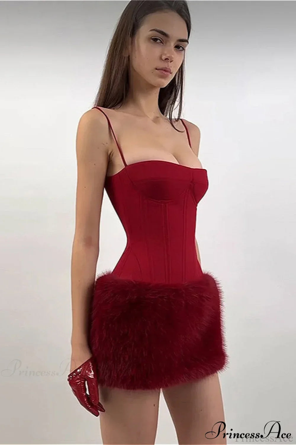 Woman wearing Faux-Fur Strap Colorblock Corset Dress from Hicosy — view 2