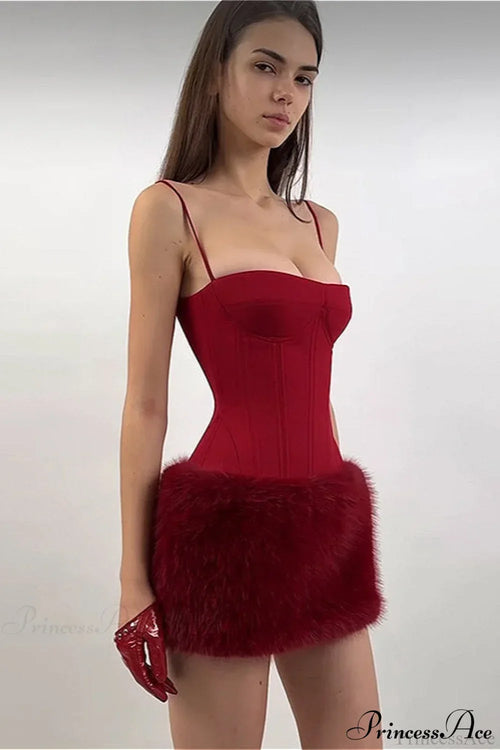 Woman wearing Faux-Fur Strap Colorblock Corset Dress from Hicosy — view 2