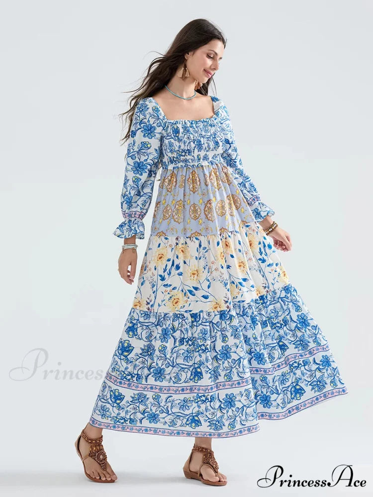 Colorful Floral Bohemian Off-Shoulder Puff Sleeve Frilly Vacation Beach Dress