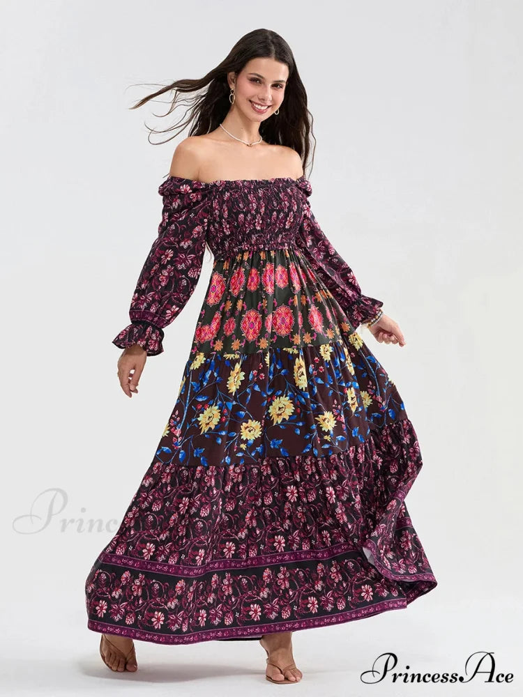 Colorful Floral Bohemian Off-Shoulder Puff Sleeve Frilly Vacation Beach Dress