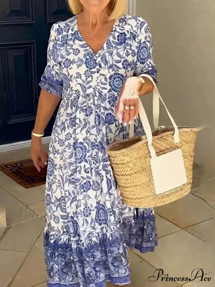 Colorful V-neck Flower Dress Extra Large Flowy Summer Dress