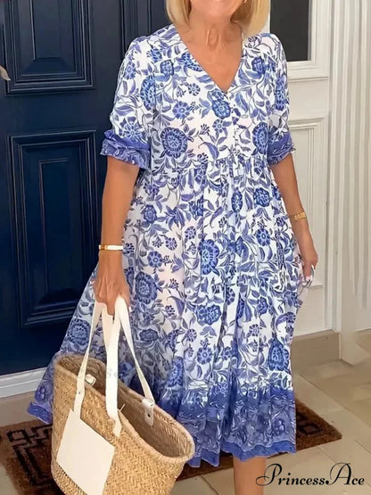 Colorful V-neck Flower Dress Extra Large Flowy Summer Dress