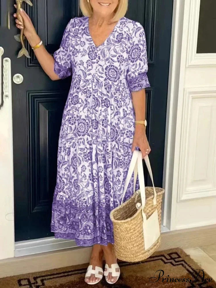 Colorful V-neck Flower Dress Extra Large Flowy Summer Dress