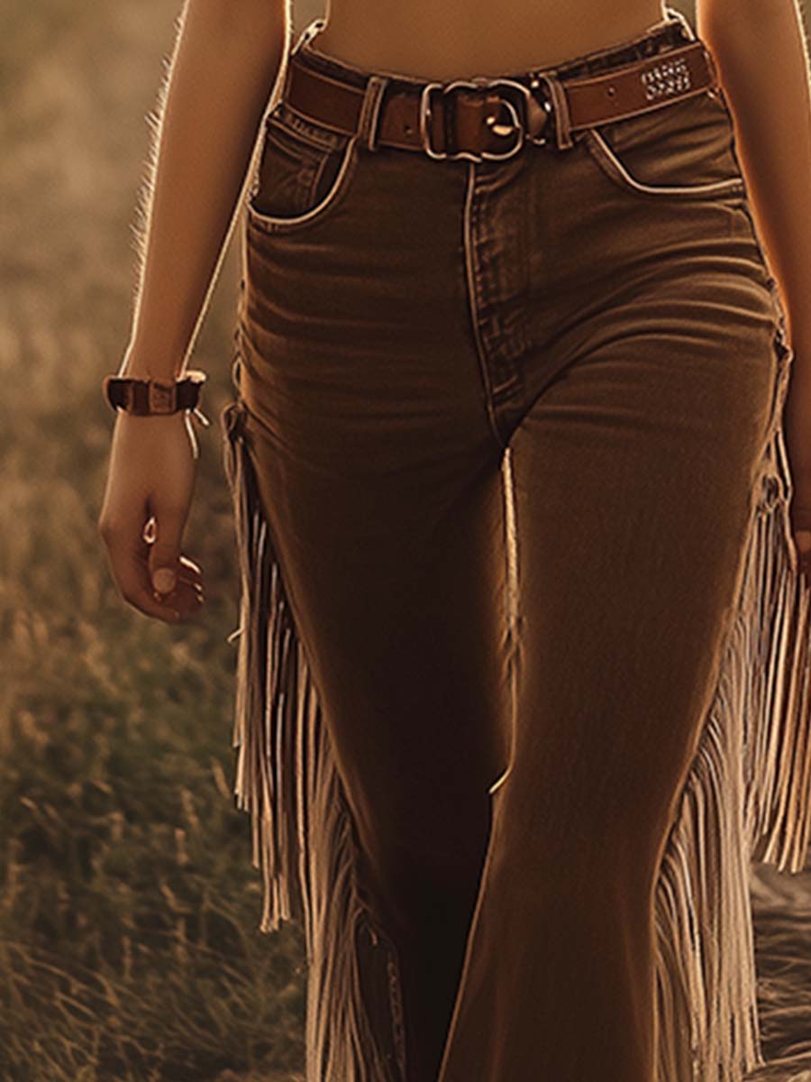 High Waist Side Fringe Western Flare Jeans