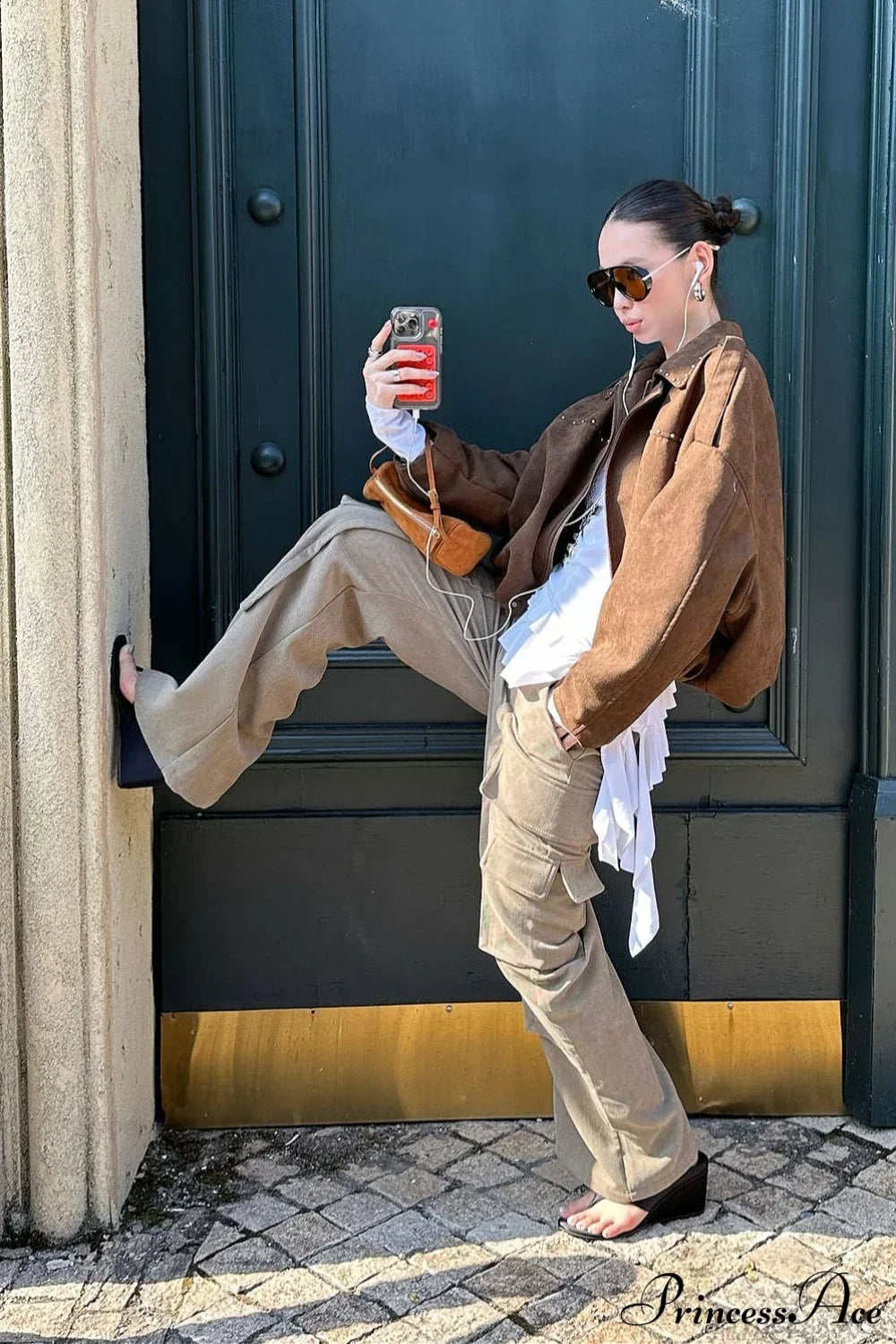 Woman wearing Corduroy-Panel Double-Pocket Cargos from Hicosy — view 4