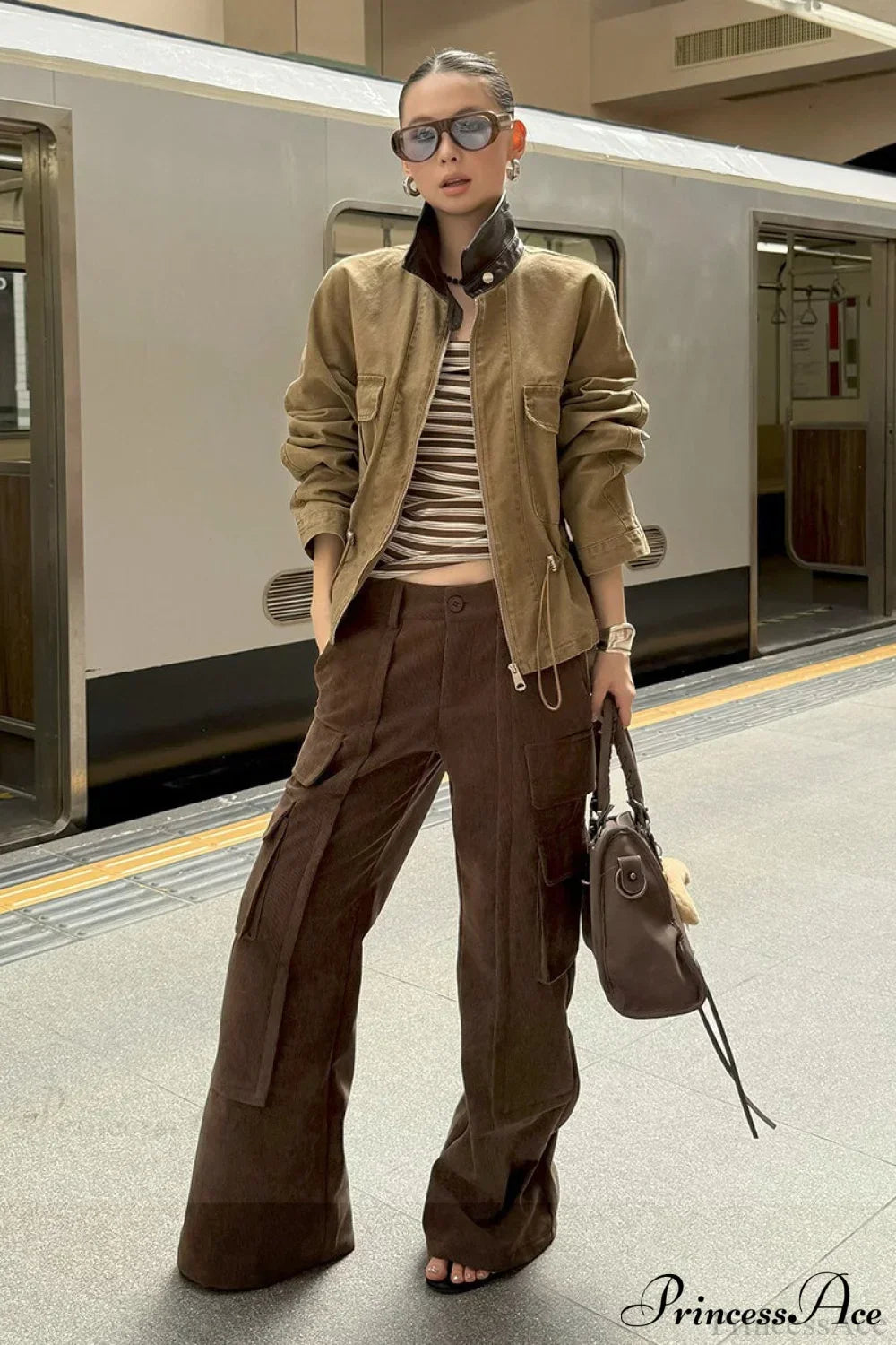 Woman wearing Corduroy-Panel Double-Pocket Cargos from Hicosy