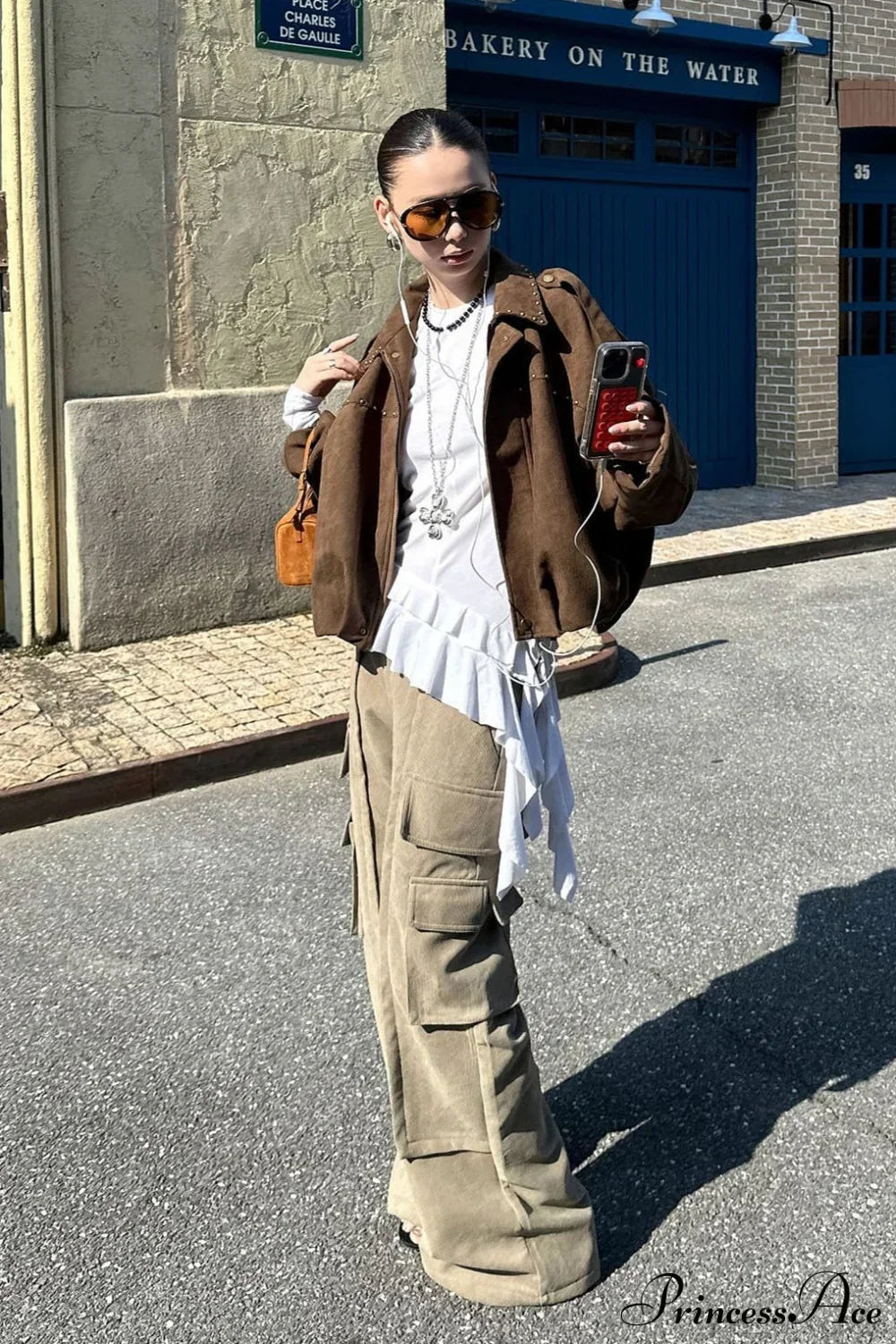 Woman wearing Corduroy-Panel Double-Pocket Cargos from Hicosy — view 5