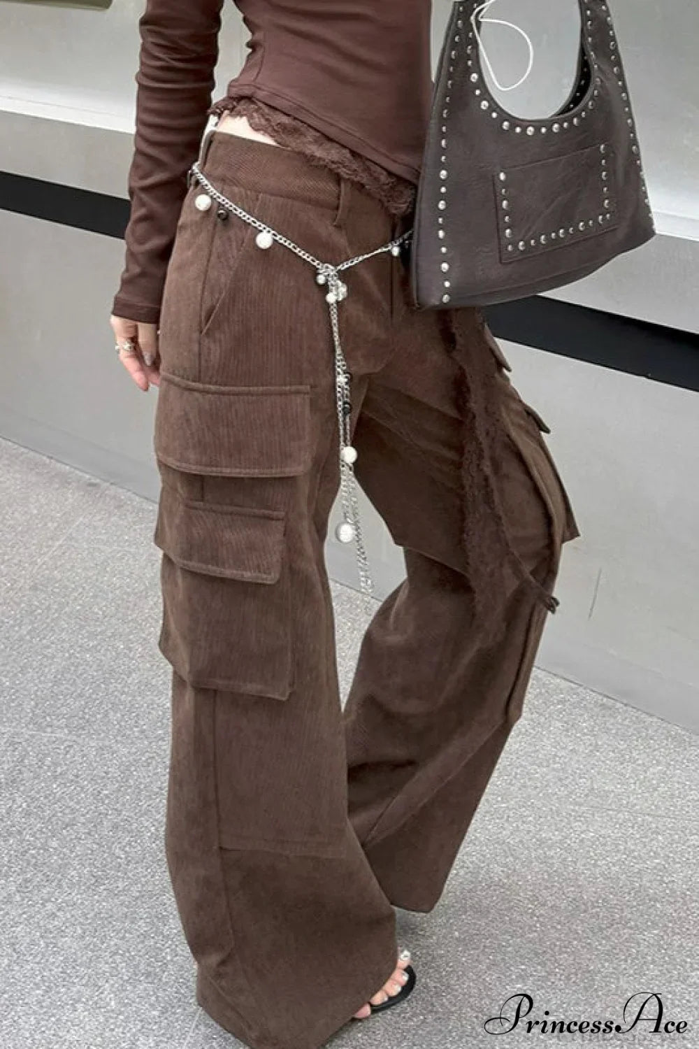 Woman wearing Corduroy-Panel Double-Pocket Cargos from Hicosy — view 2