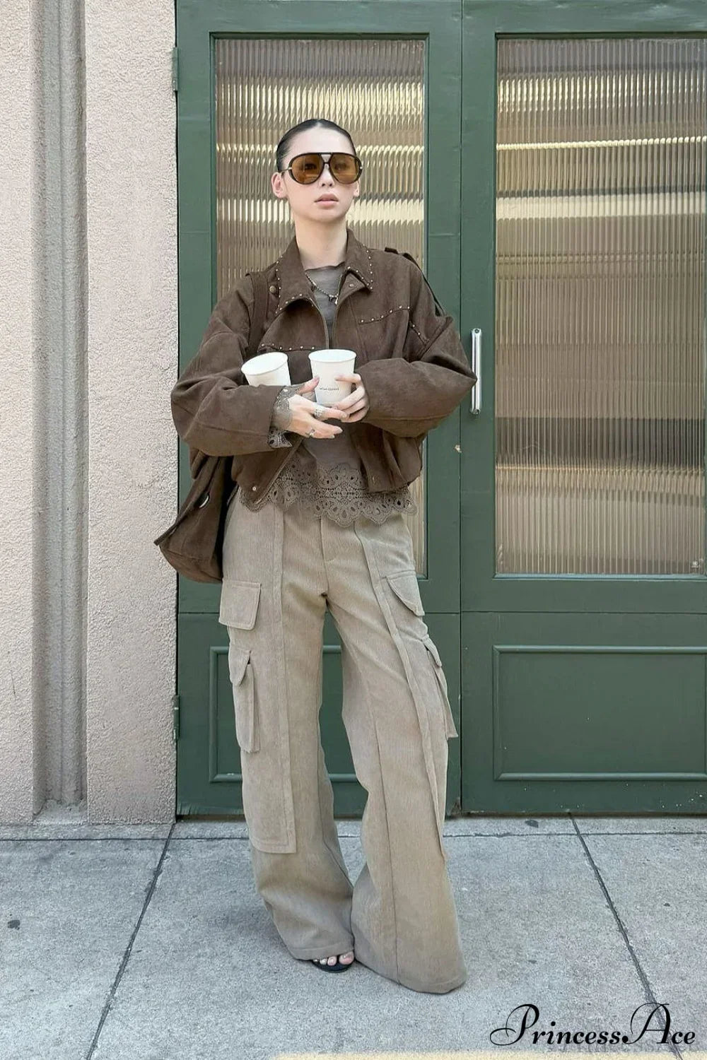 Woman wearing Corduroy-Panel Double-Pocket Cargos from Hicosy — view 6