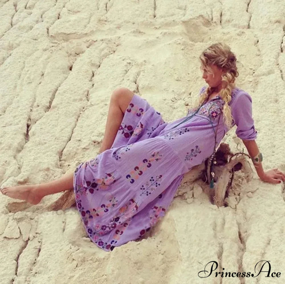 Cotton Flowery Stitched Long Dress