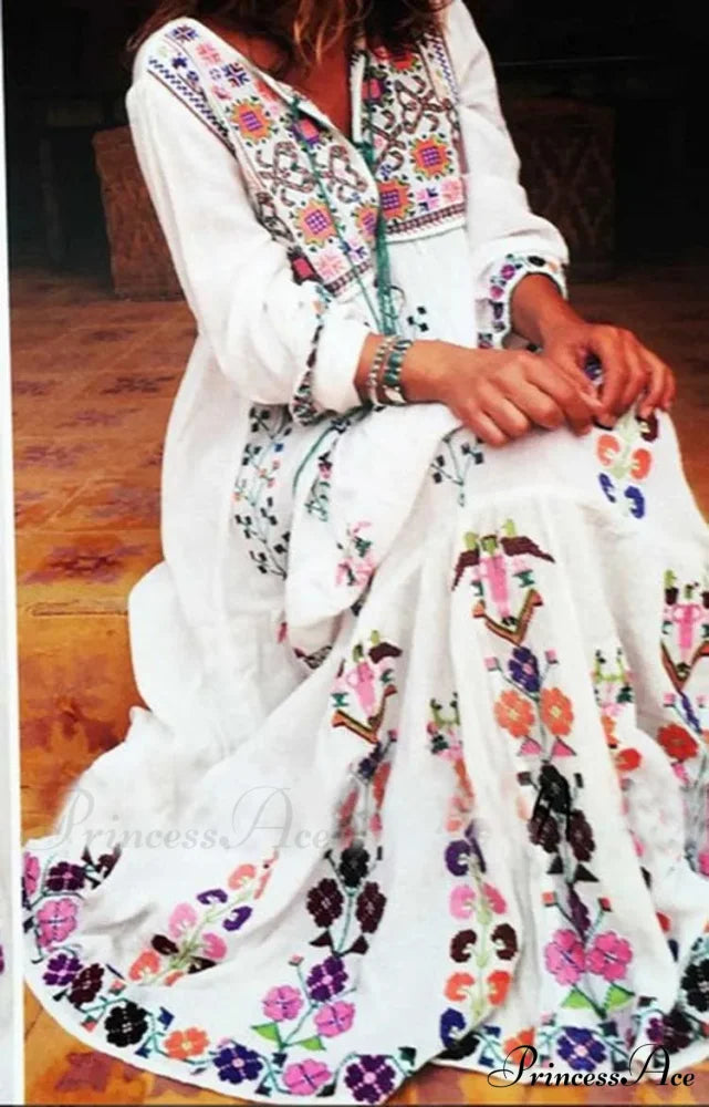 Cotton Flowery Stitched Long Dress