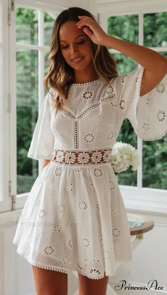 Cotton Half Sleeve Seductive Backless Hollow Out Mini Boho Dress