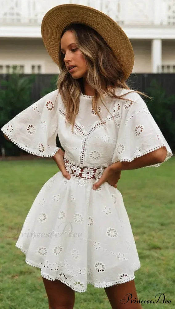 Cotton Half Sleeve Seductive Backless Hollow Out Mini Boho Dress